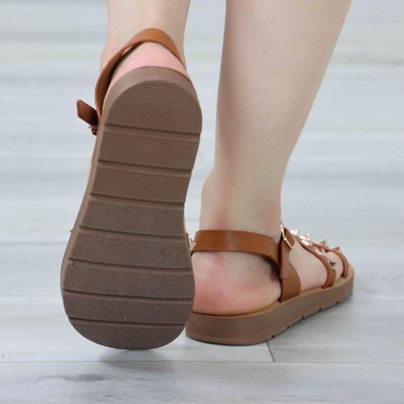 Tan Metal Stud Trendy Comfy Flat Gladiator Sandal Slip On Sliders - Picture 7 of 13